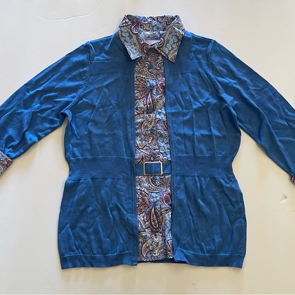 Blue Paisley Print Collared Button-front Belted Blouse - Picture 8 of 10